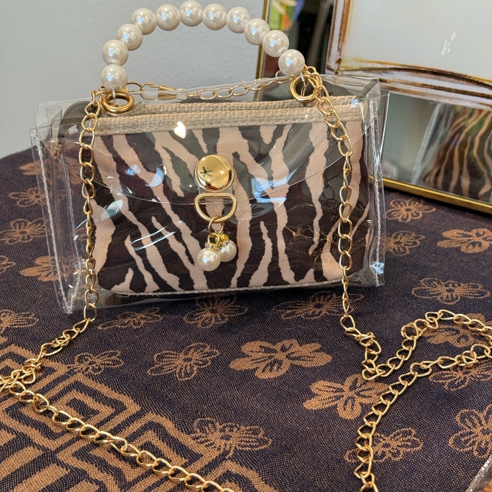 Black and Brown Mini Bag with Gold Accents and Pearl Handle